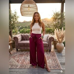 NWT Entro Boho Merlot Wine Color Wide-Leg Pants With Tie and Slit Leg